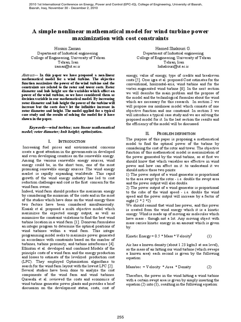 A Simple Nonlinear Mathematical Model For Wind Turbine Power | PDF ...
