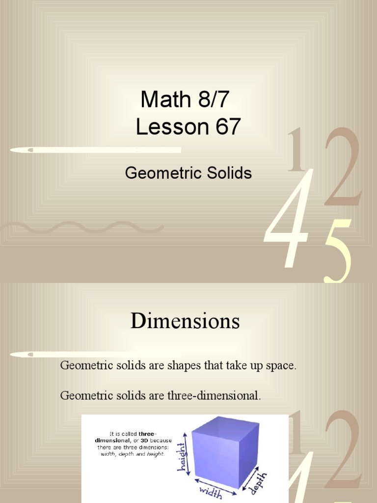 Lesson 67: Geometric Solids Overview | PDF | Algebra | Length