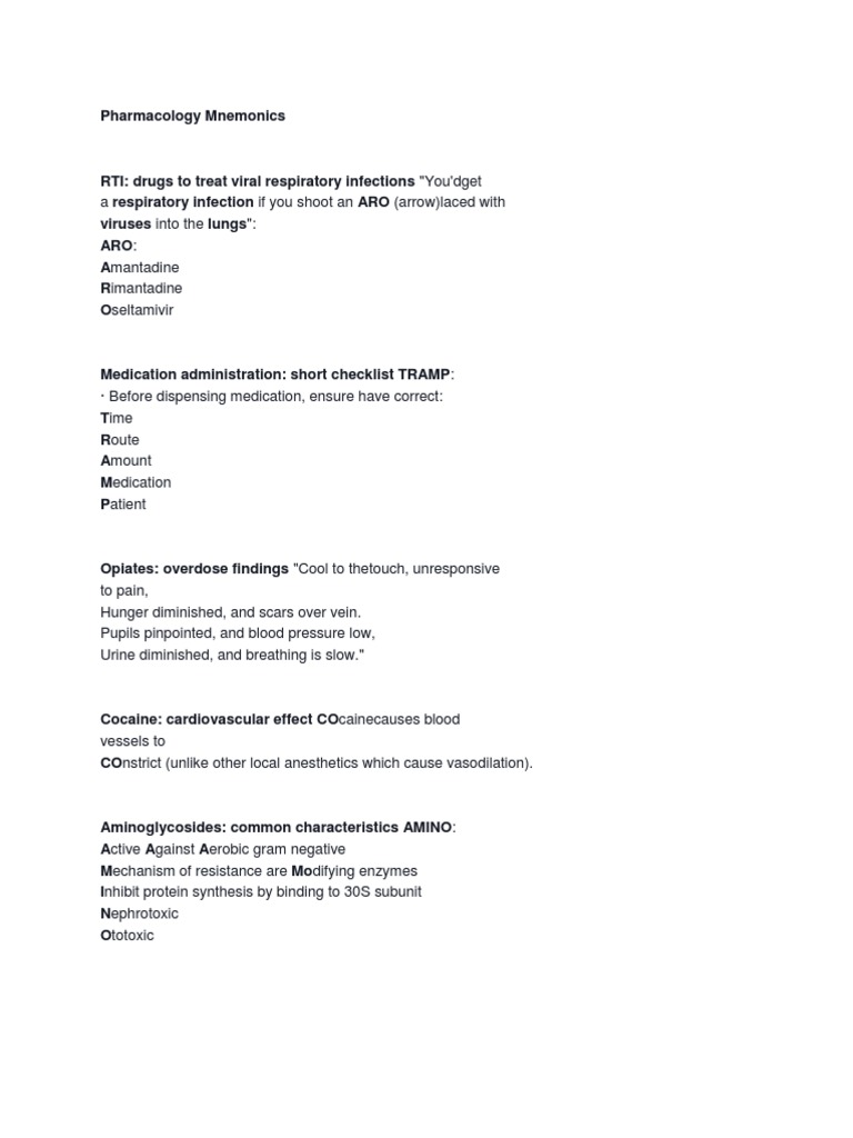 Pharmacology Mnemonics Guide | PDF | Analgesic | Rtt