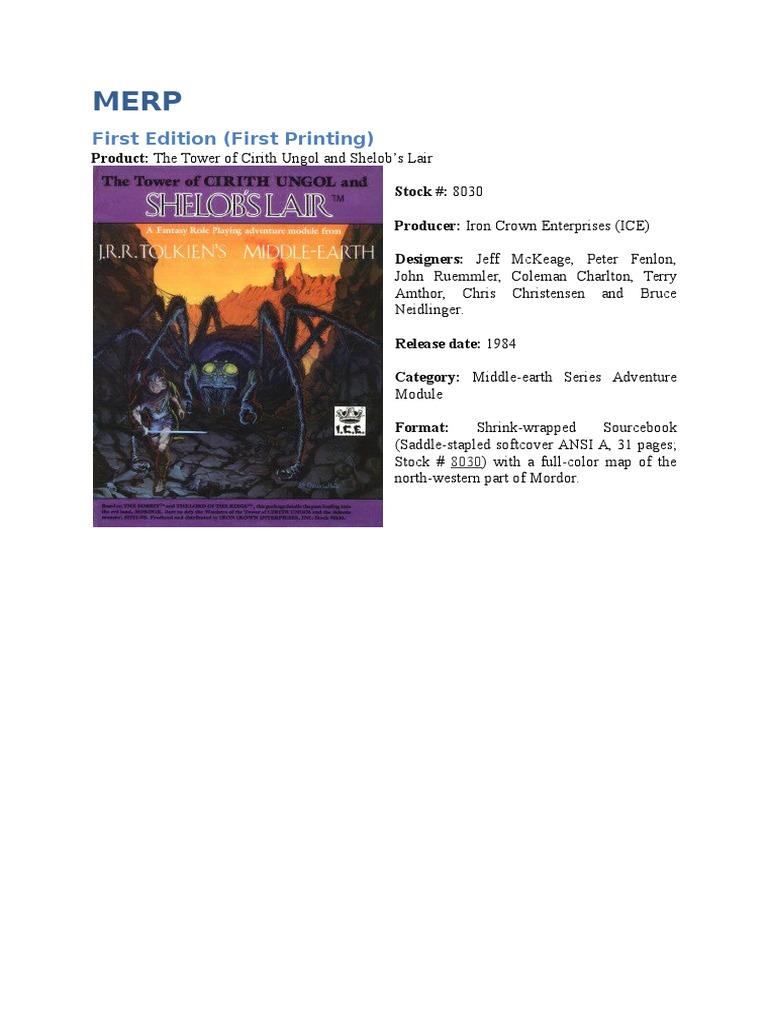 The Tower of Cirith Ungol and Shelob's Lair A Fantasy Role Playing