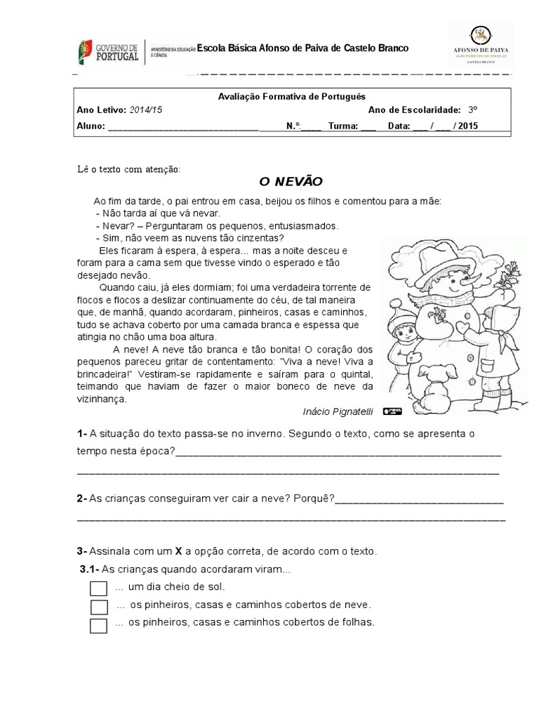 Fichas de Avaliação de Português 3º Ano | PDF | Neve | Idiomas