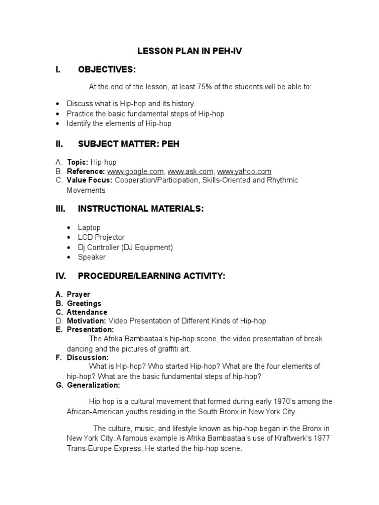 Hip-Hop Lesson Plan for PEH-IV | PDF | Career & Growth | Social Science