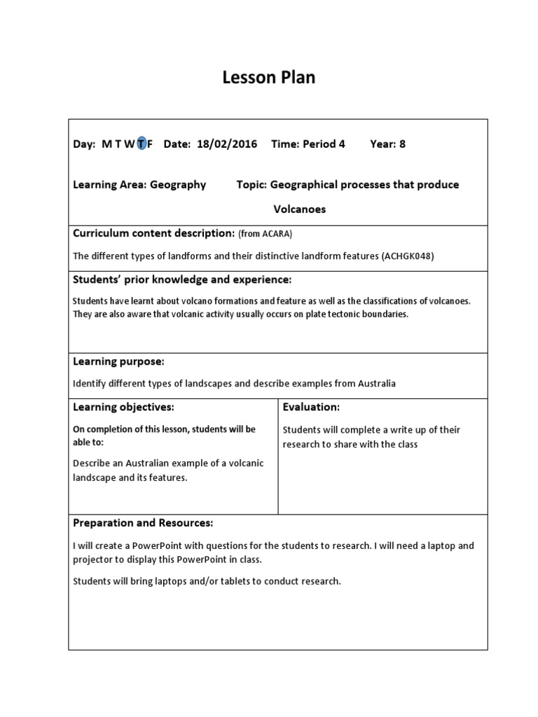 Geography Lesson Plan: Volcanoes in Australia | PDF | Volcano | Lesson Plan