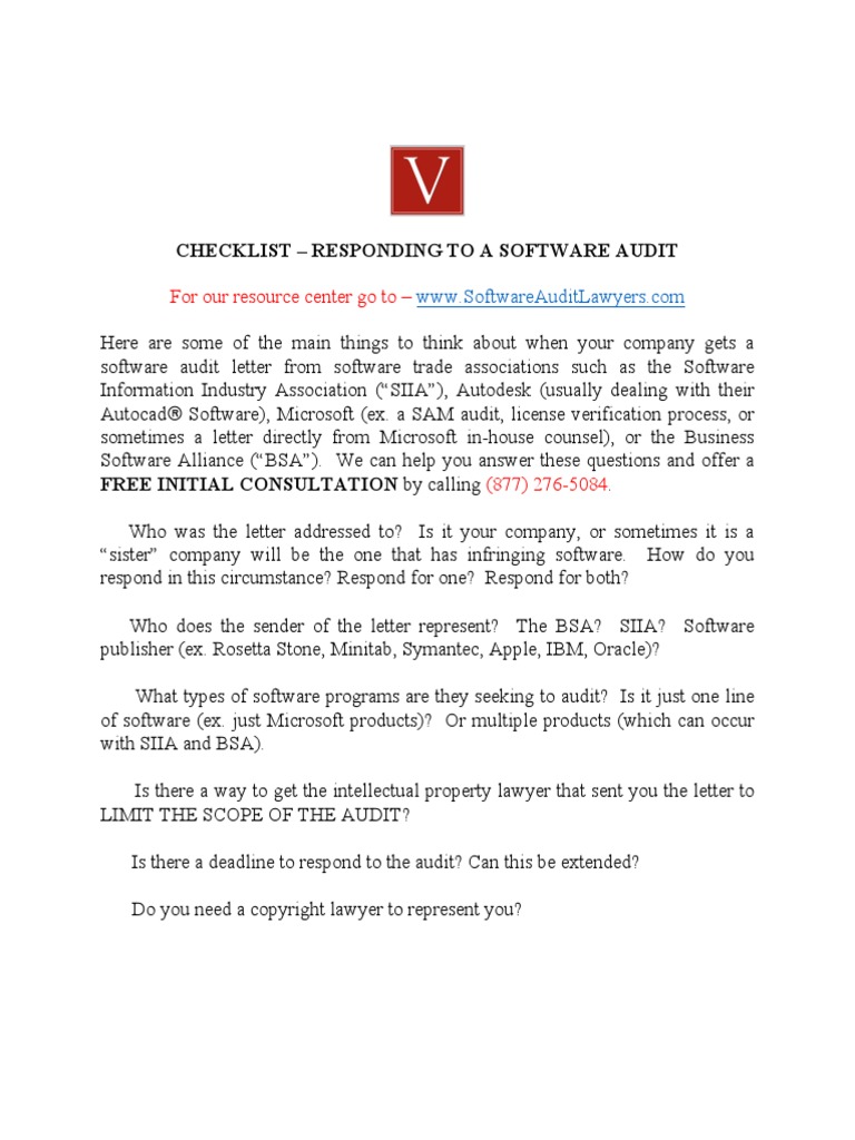 Checklist How To Respond To A Software Audit Pdf Copyright Infringement Lawyer