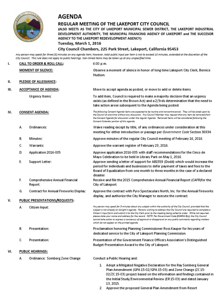 Lakeport City Council Agenda | PDF | Internal Control | Financial Audit
