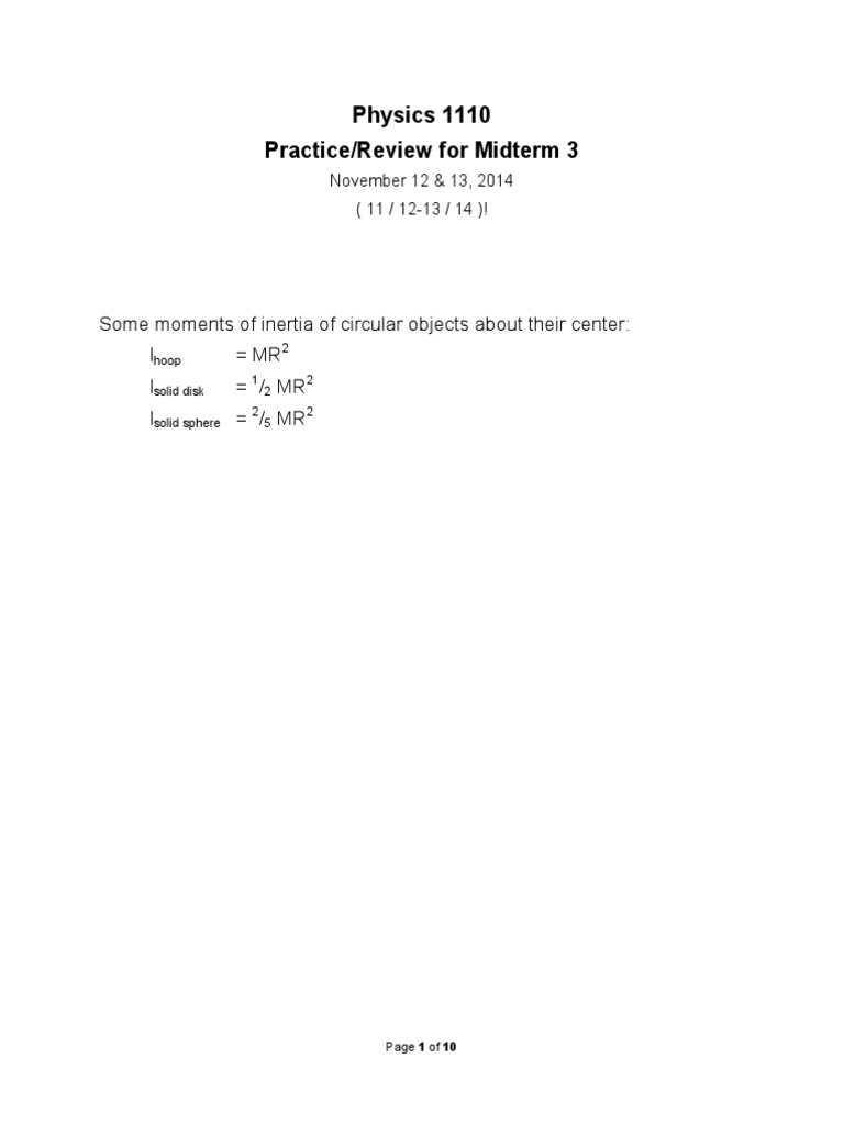 PHYS 1110 Midterm 3 Review Guide | PDF | Rotation Around A Fixed Axis ...