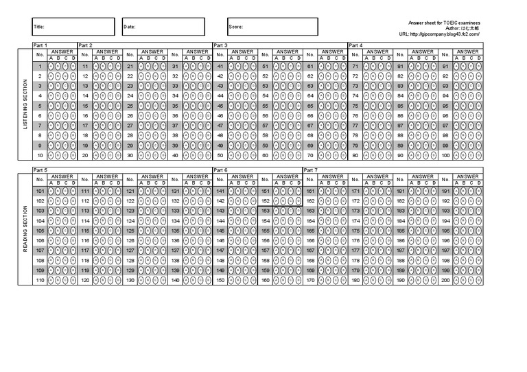 600 toeic listening Tests TOEIC answer sheet Schools     Standardized