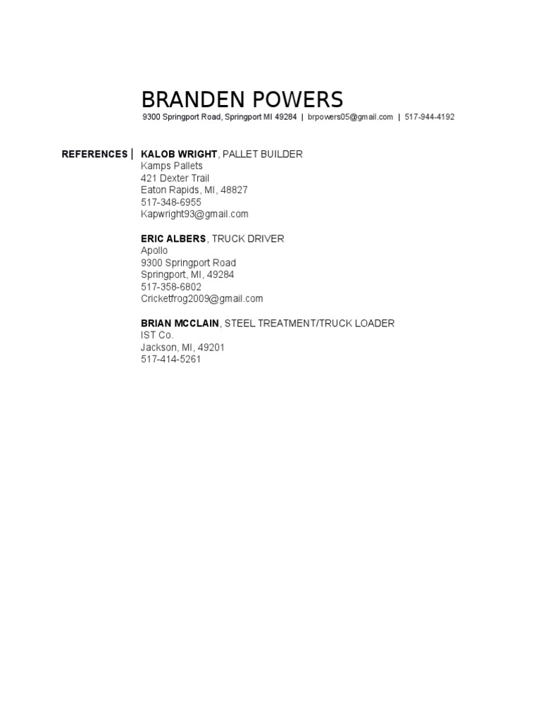 Professional References for Branden Powers | PDF