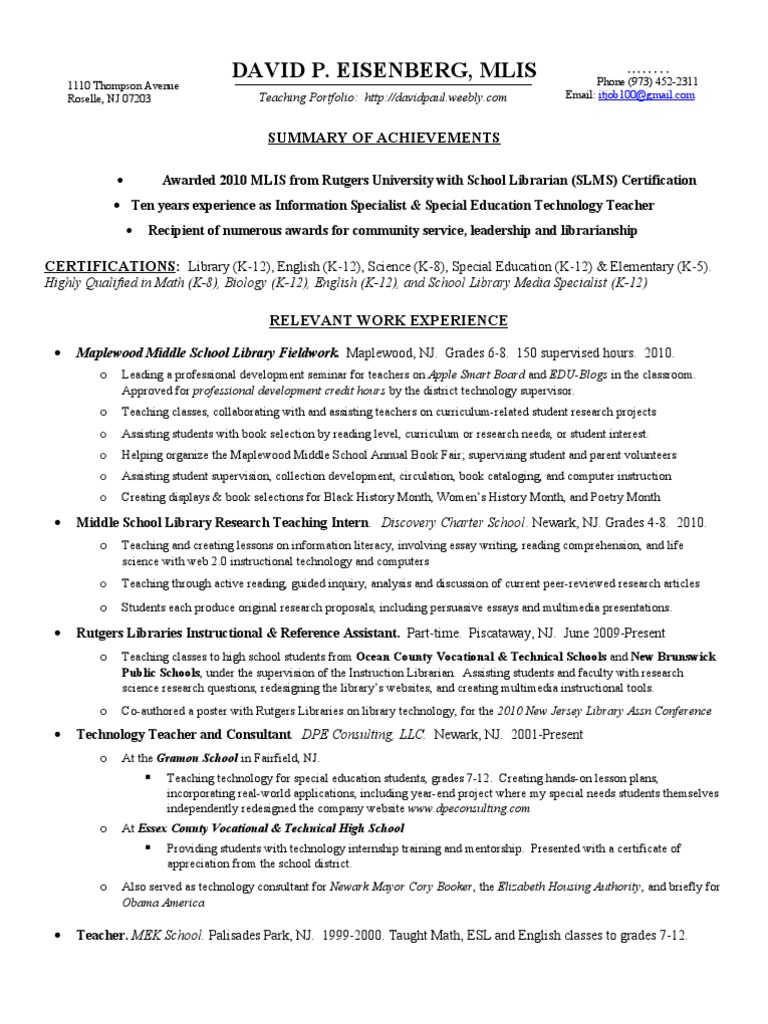 Sped Resume | PDF | School Library | Teachers