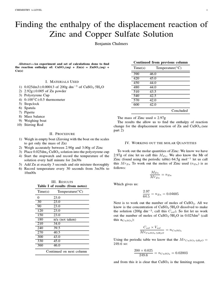 Finding The Enthalpy of The Displacement Reaction of Zinc and Copper