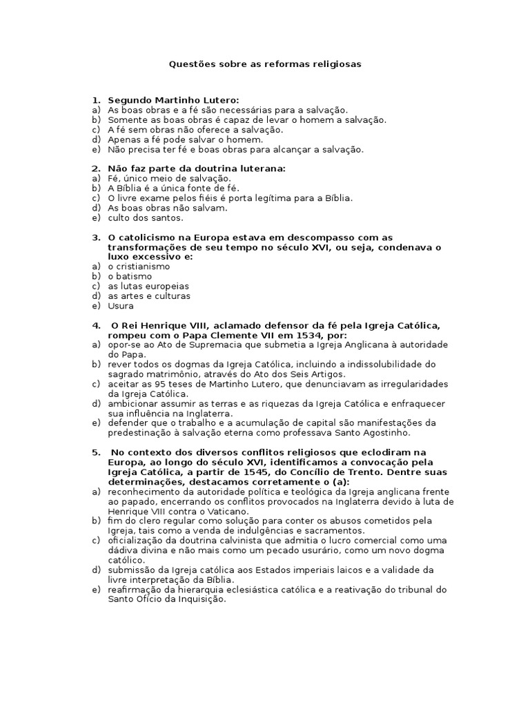 Questões Sobre As Reformas Religiosas PDF Reforma Protestante Protestantismo