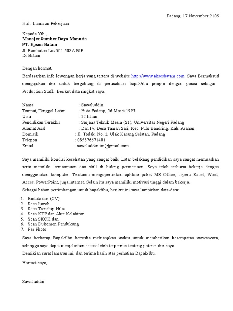 Surat Lamaran Kerja Di Pt Batam
