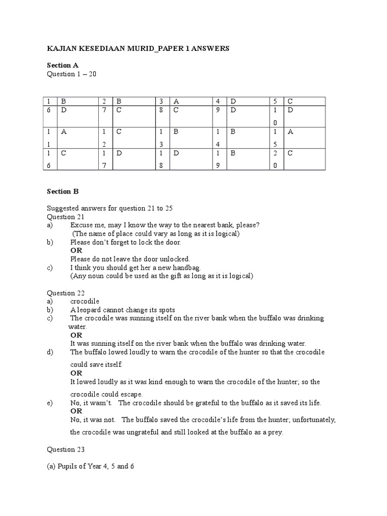 Kajian Kesediaan Murid - Paper 1 Answers Section A | PDF