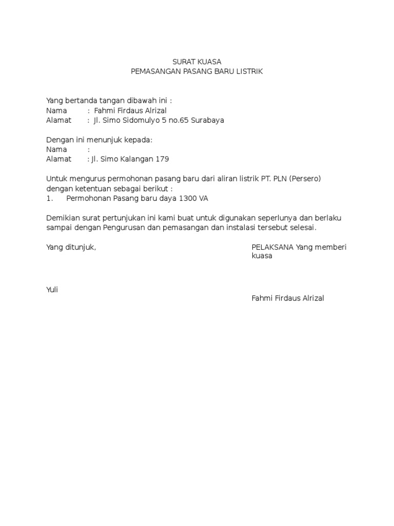 Contoh Surat Kuasa Instalasi Listrik