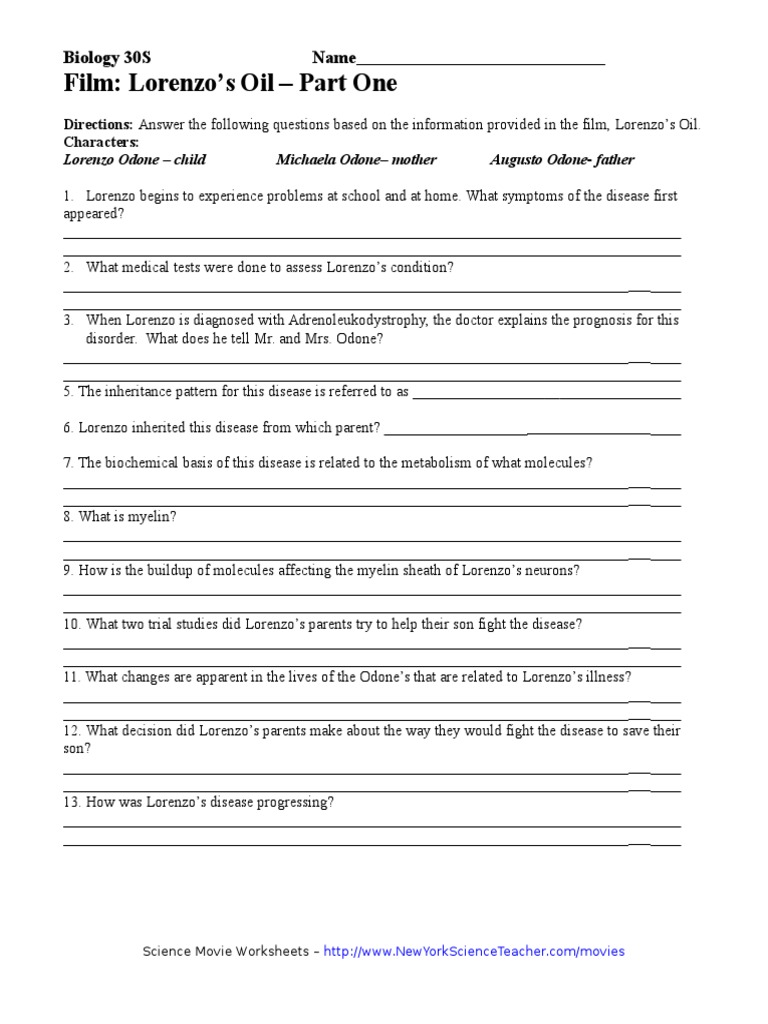 11 - Lorenzo's Oil Worksheet | PDF | Medical Specialties | Diseases And  Disorders