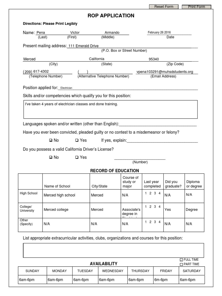 Rop Job Application With Availability - Fillable For Website | PDF | Travel
