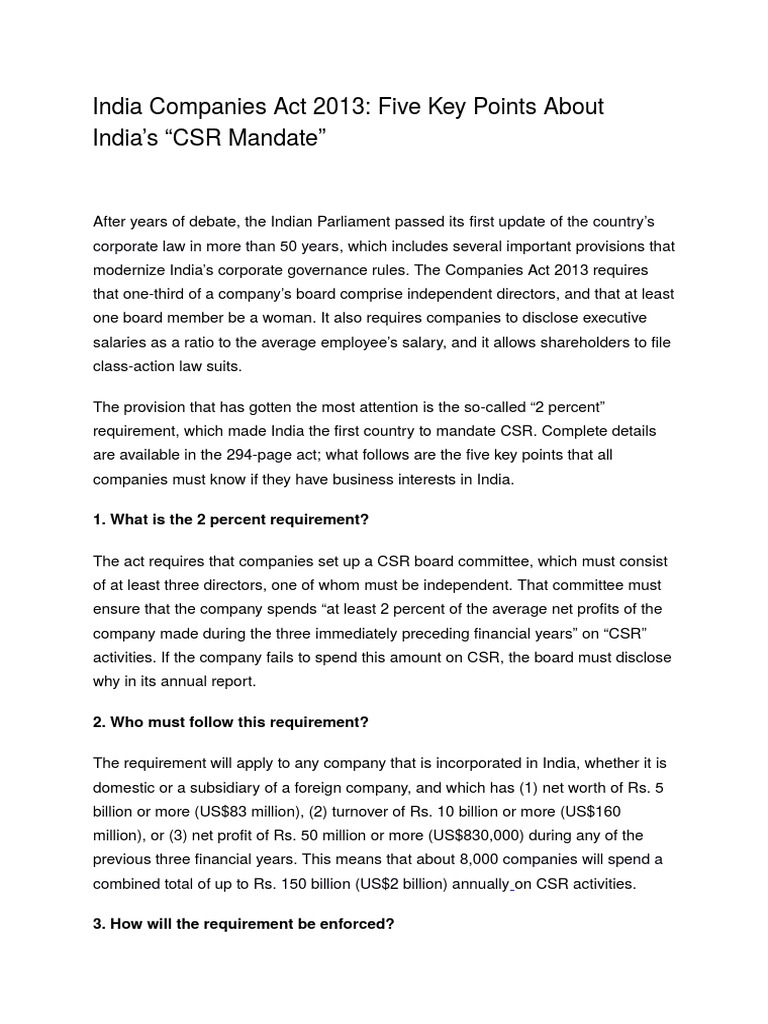 India Companies Act 2013 Corporate Social Responsibility Government