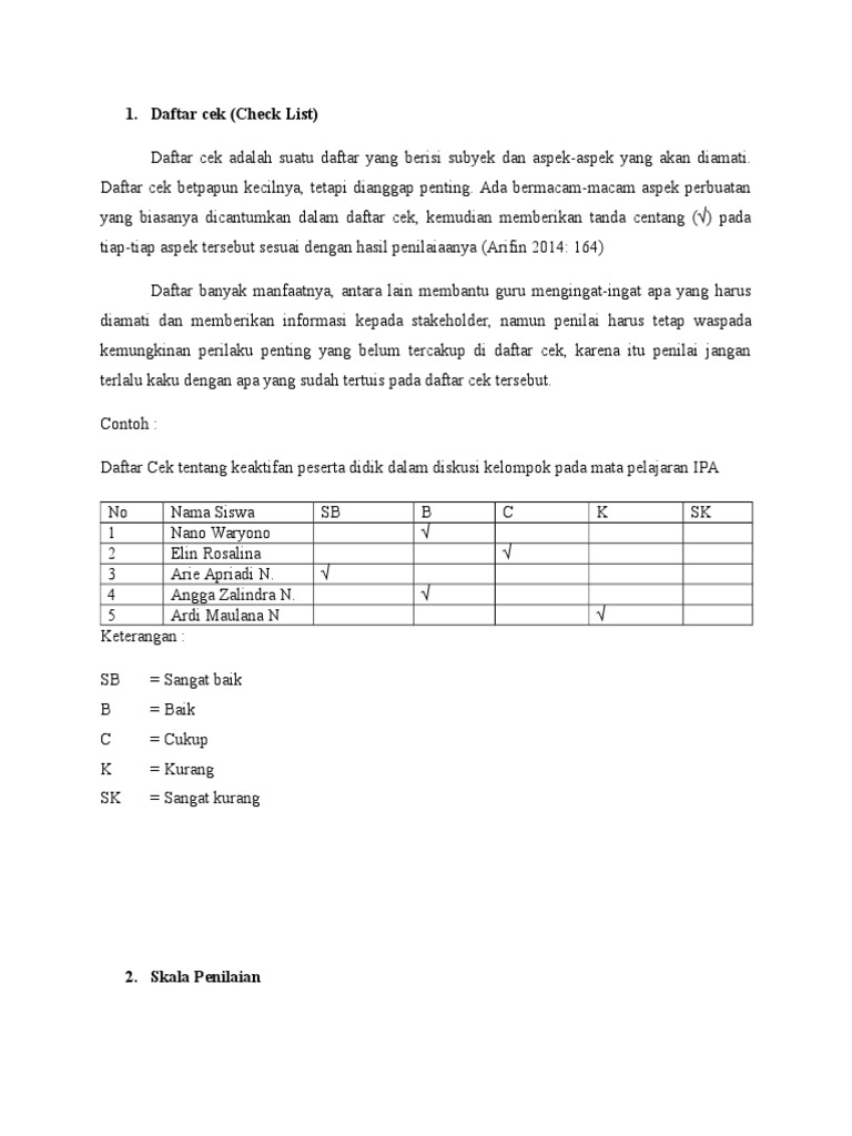 Daftar Cek Skala Penilaian Dan Rubrikdoc