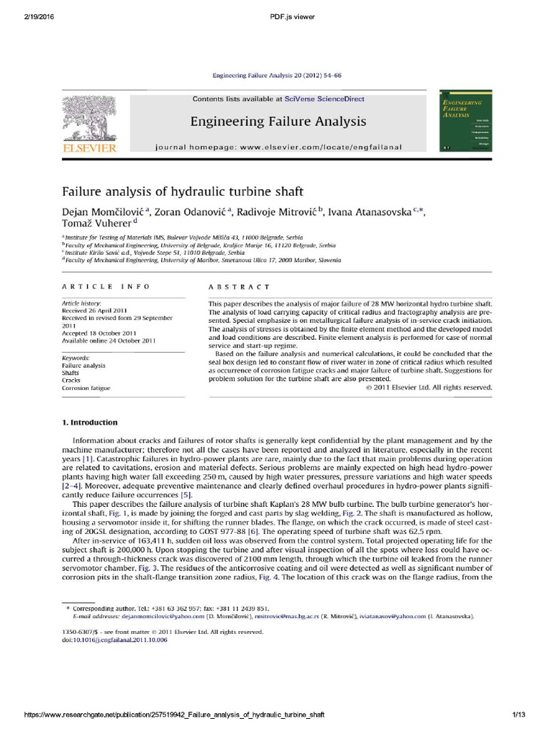 Failure Analysis of Hydraulic Turbine Shaft PDF | PDF