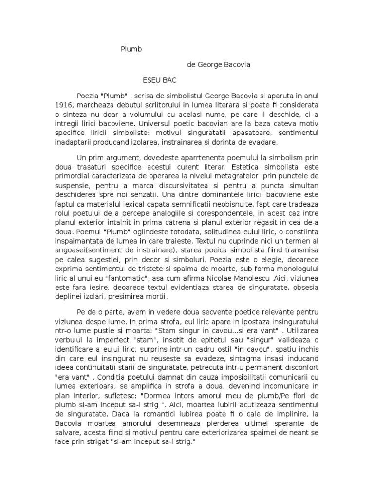 Plumb De George Bacovia Eseu