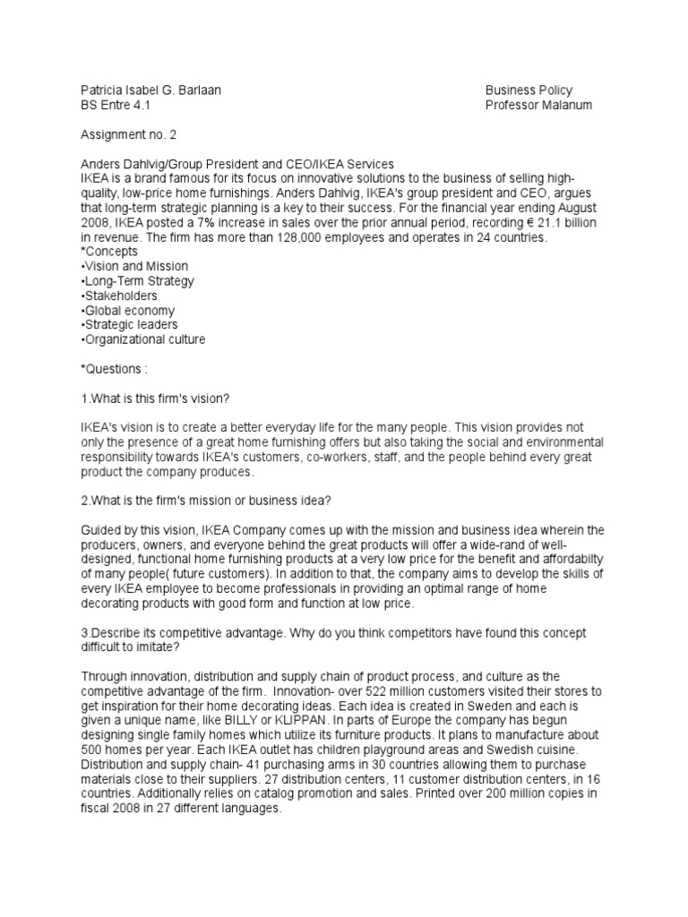 Ikea Strategic Management Business