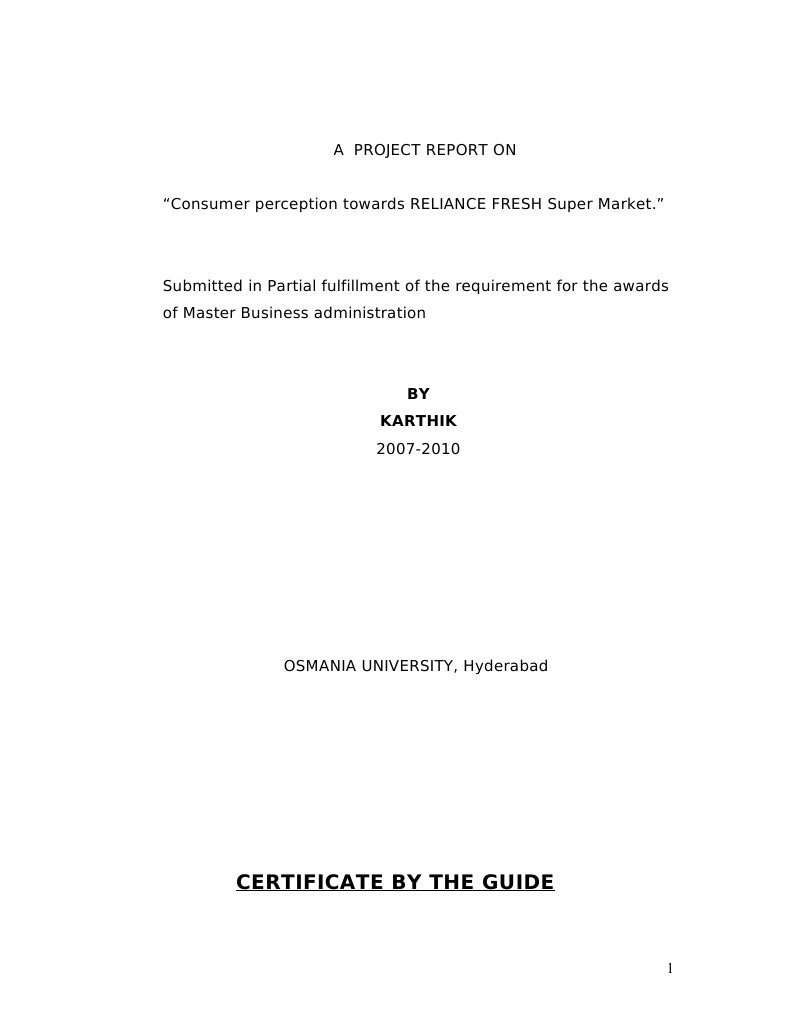 Customer Perception Towards Reliance Fresh PDF Supermarket Retail