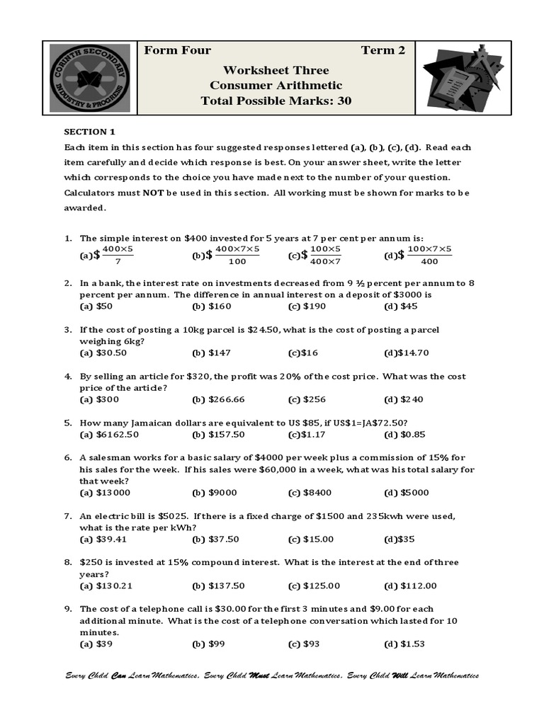 Form Four Term Two Worksheet Three Consumer Arithmetic PDF | PDF ...