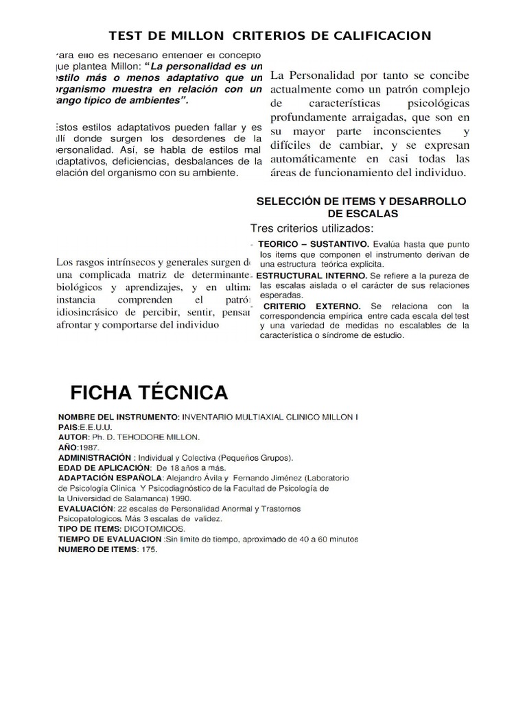 Test de Millon Criterios de Calificacion