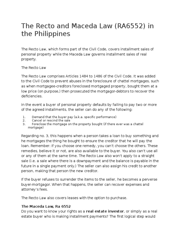 The Recto and Maceda Law (RA6552) in the Philippines