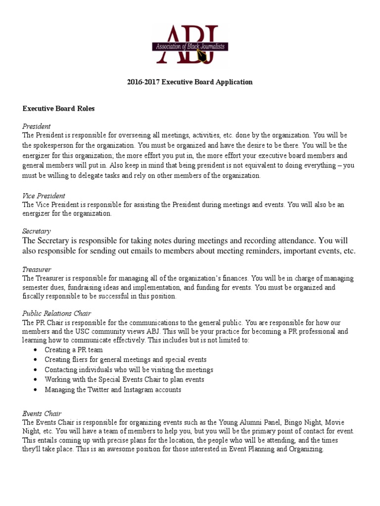 2016-2017 Executive Board Application Guide | PDF | Secretary | Board ...