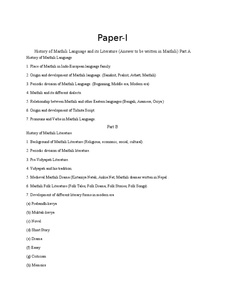 Paper-I: History of Maithili Language and Its Literature (Answer To Be ...