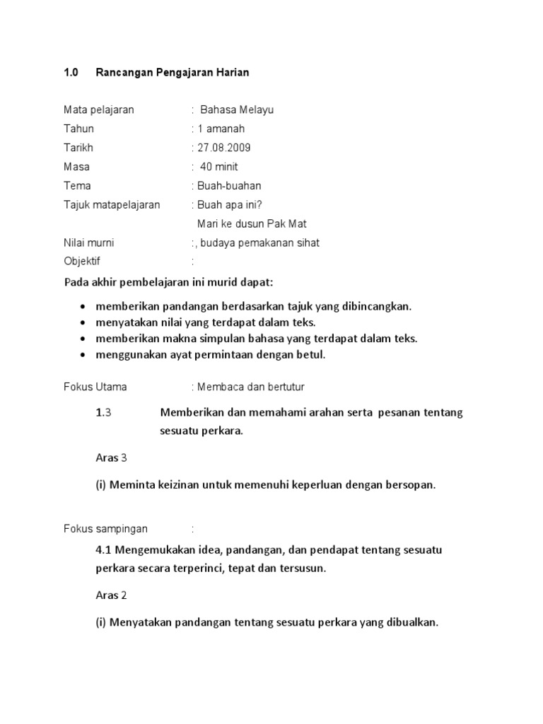 Contoh Rancangan Pengajaran Harian Bahasa Melayu | PDF