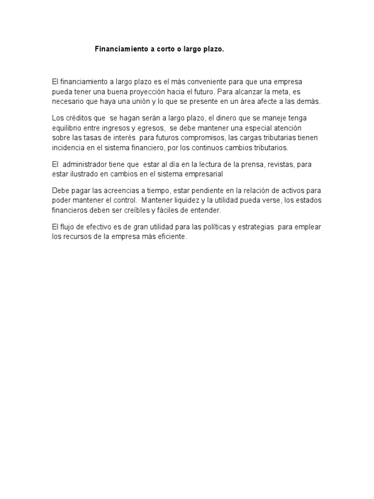 Financiamiento A Corto o Largo Plazo | PDF | Finanzas y administración ...