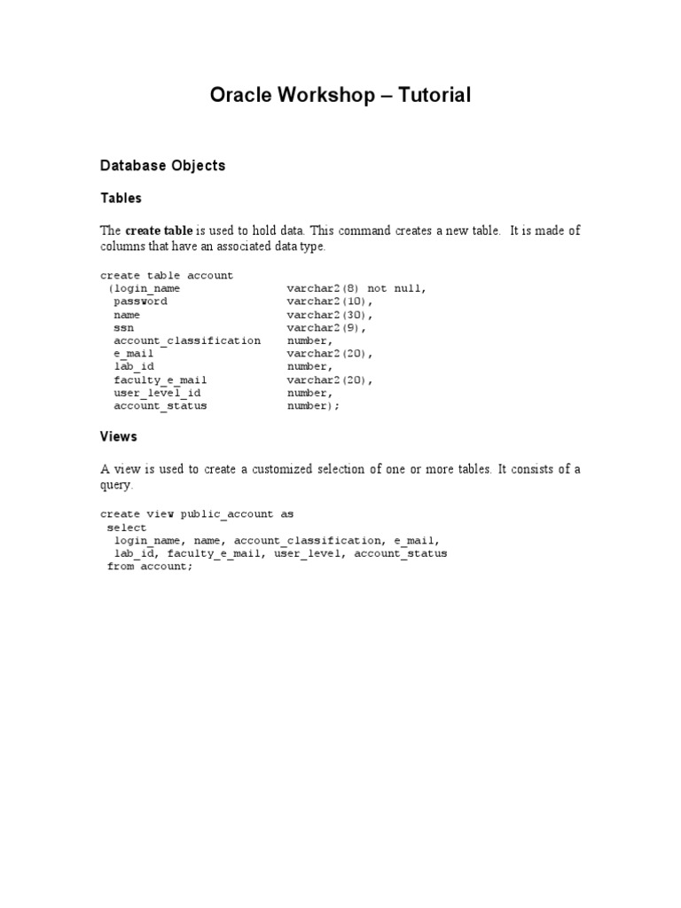 Oracle Workshop - Tutorial: Database Objects | PDF | Sql | Computing
