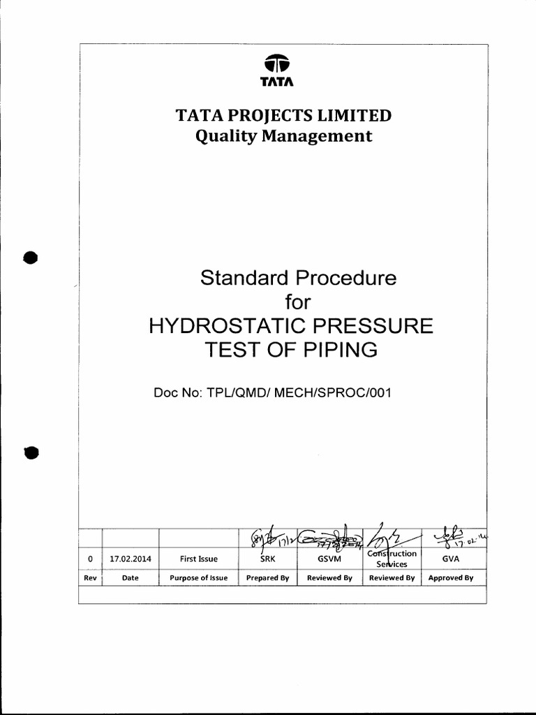 001 Standard Procedure For Hydrostatic Pressure Test of Piping PDF