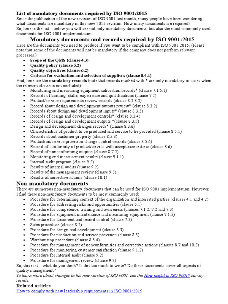 ISO 9001:2015 Mandatory Documents List | PDF | Iso 9000 | Internal Audit