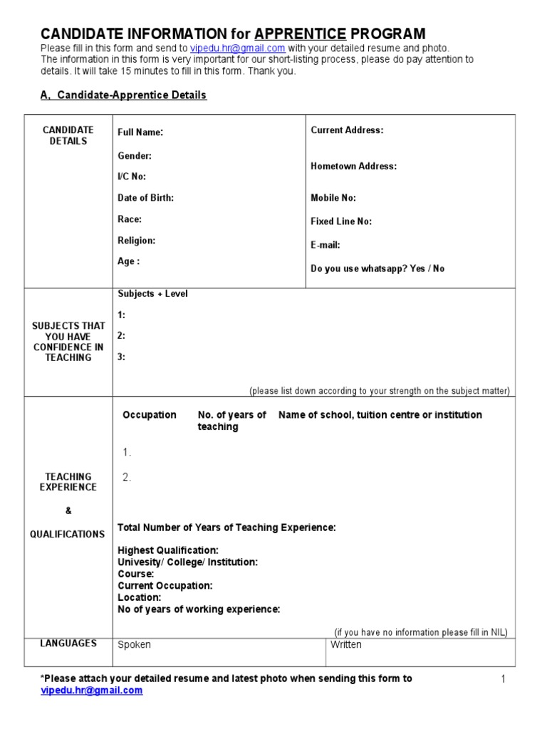 Apprentice Program Candidate Form | PDF | Career & Growth