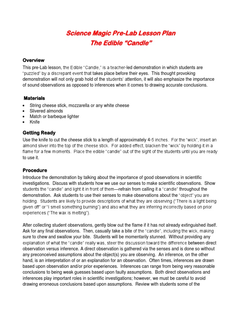 Edible Candle Science Lesson Plan | PDF | Inference | Candle