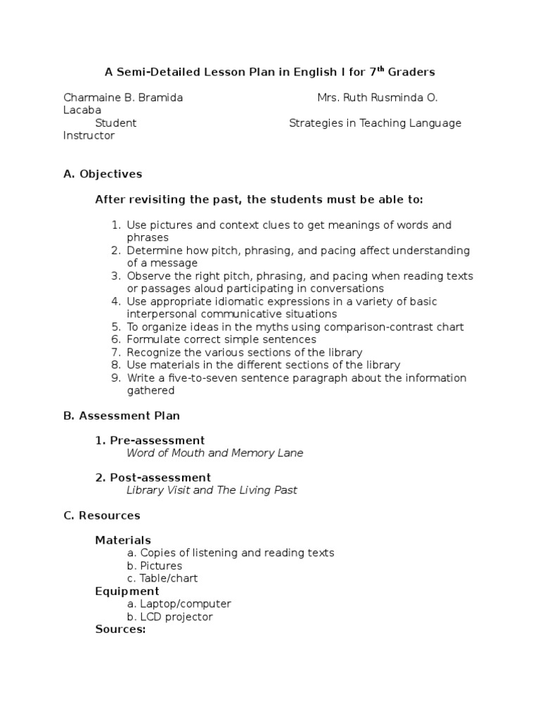 A Semi-Detailed Lesson Plan in English | Subject (Grammar) | Idiom