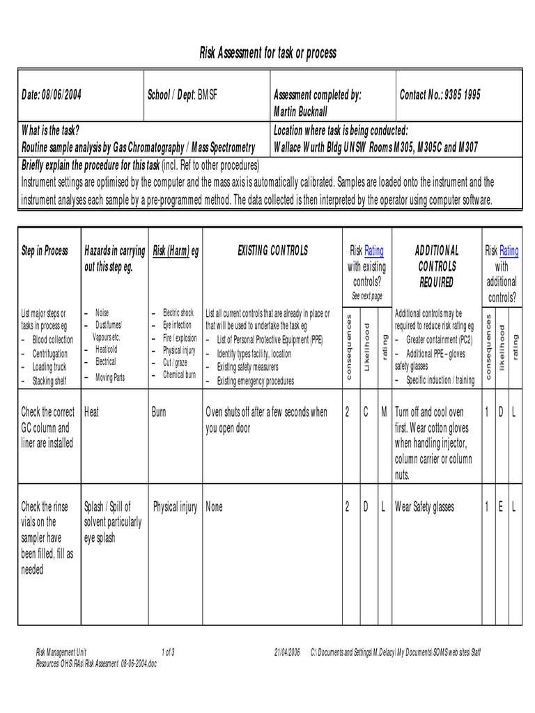 Risk Assesment 08062004 PDF Personal Protective Equipment Gas