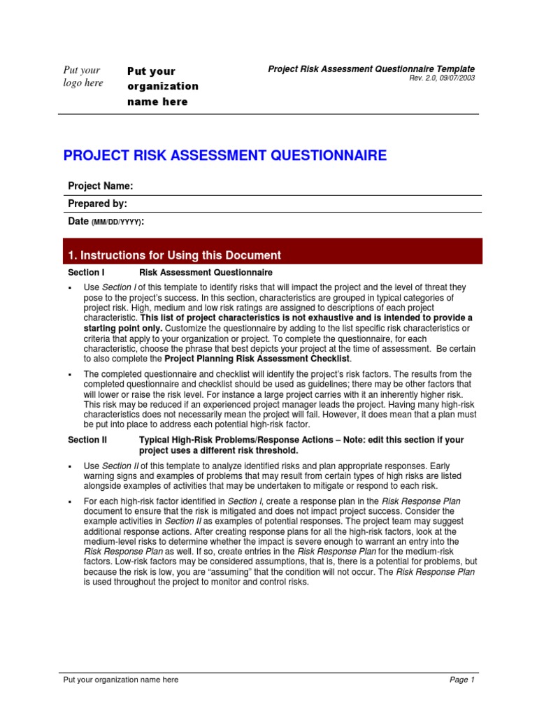 Risk Assessment Questionnaire Template | PDF | Project Management | Risk