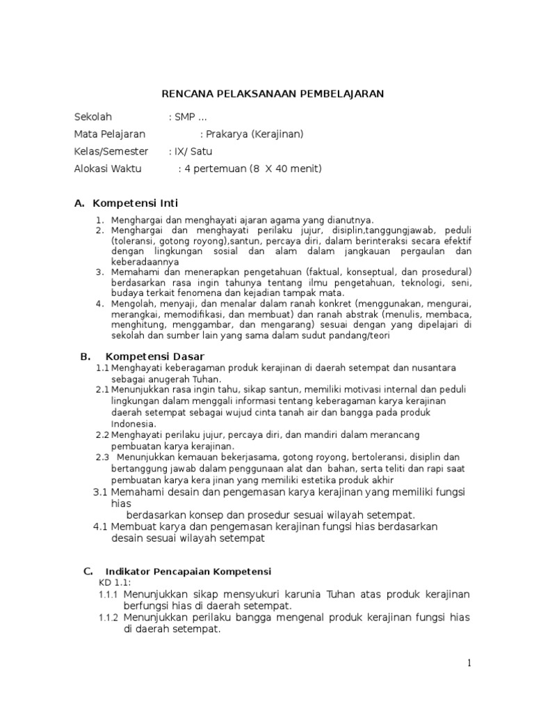  RPP  Prakarya  Kerajinan  Kelas IX Sem 1