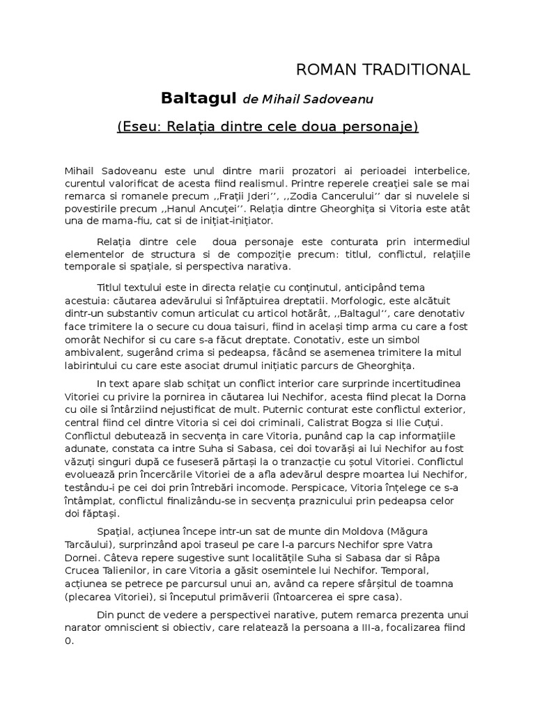 Eseu Relatia Dintre Doua Personaje Balta