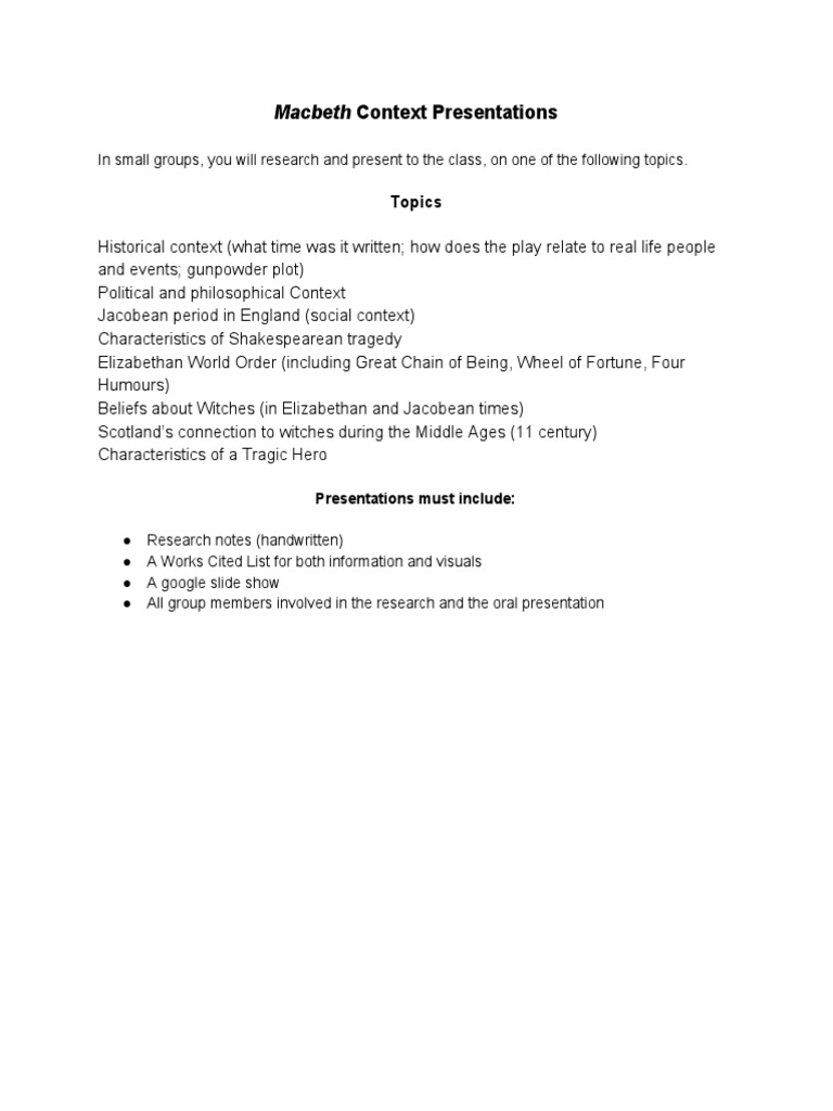 Macbeth Context Presentation Guide | PDF