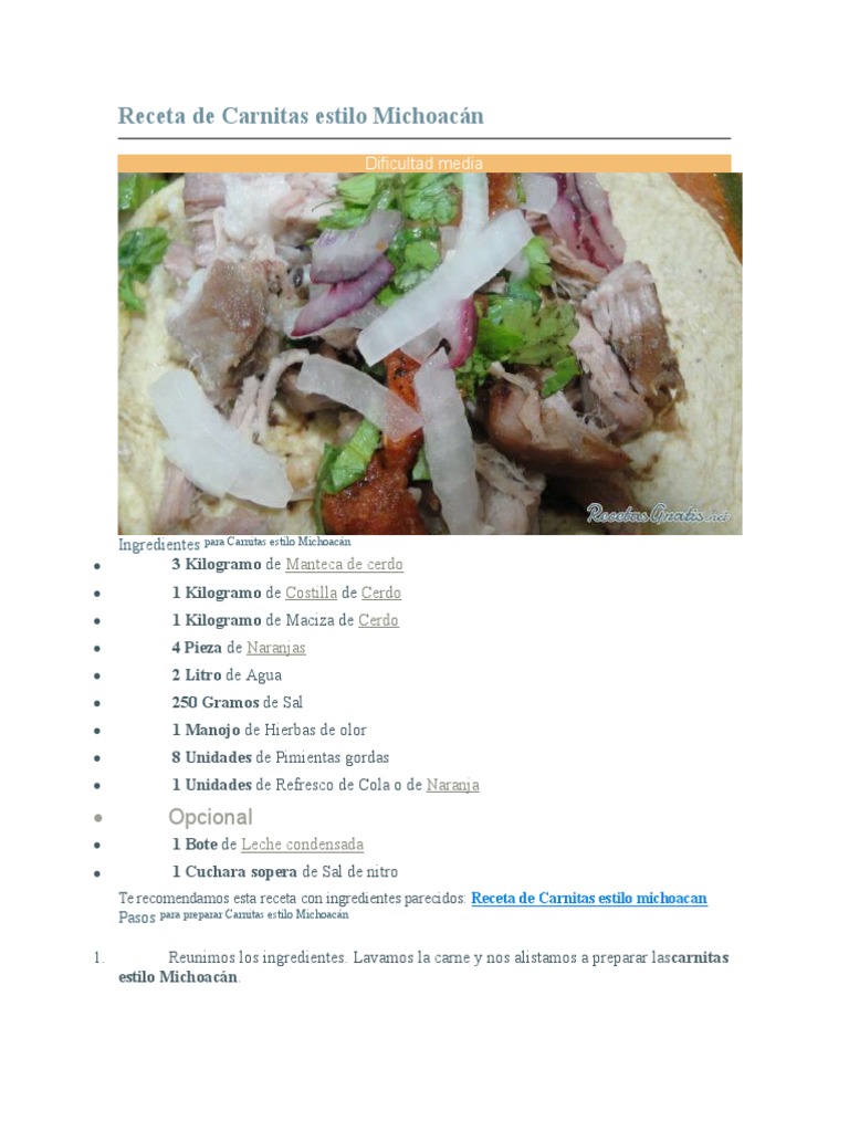 Receta de Carnitas Estilo Michoacán | PDF