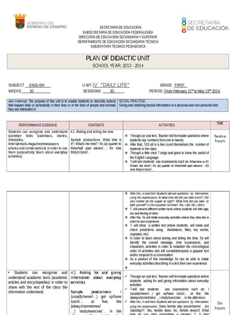 Didactic Unit Plan: Daily Life in English | PDF | Educational ...
