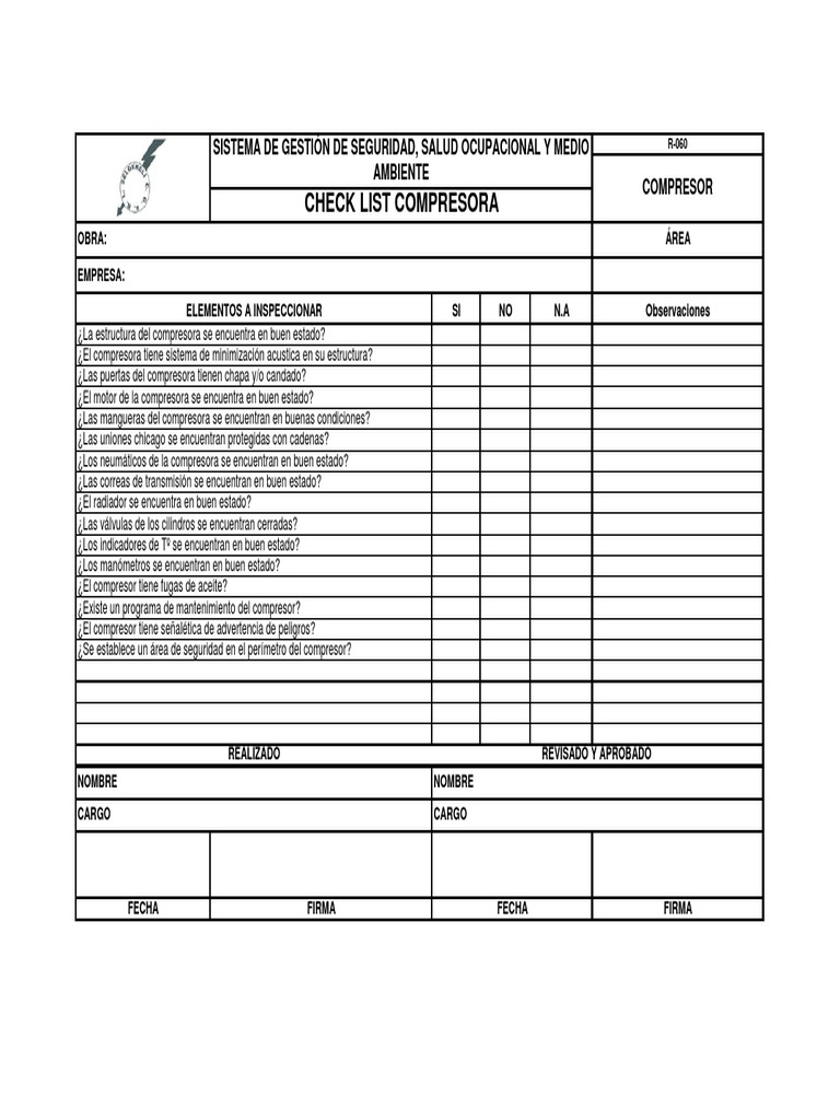 Checklist for inspecting a compressor on an industrial work site | PDF