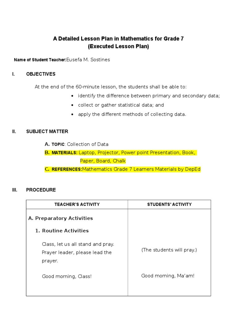 A detailed lesson plan in Collection of Data Scientific Method Data