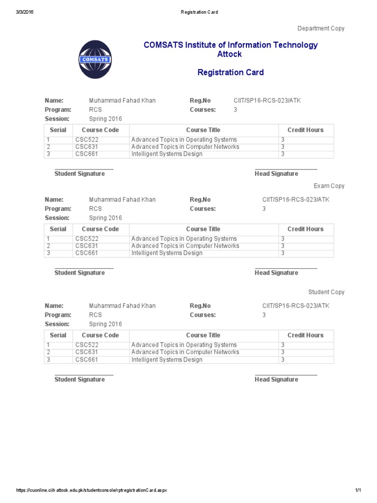 Spring 2016 Registration Card RCS Program | PDF | Computers