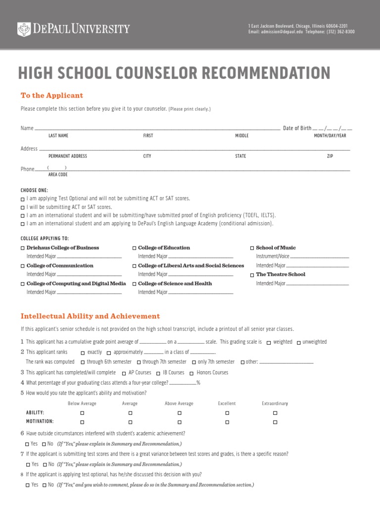 DePaul's counselor form Act (Test) University And